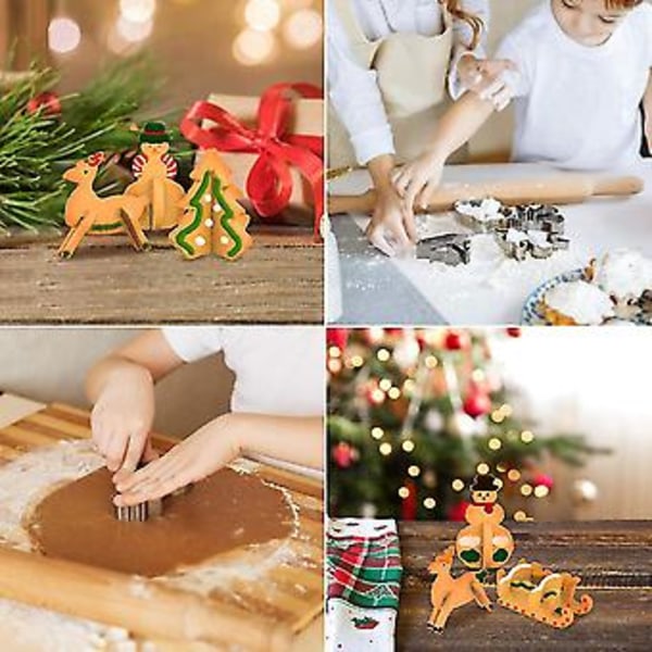 8 stk./sett 3D former i rustfritt stål med juletre, snømann, slede og elg, bakeform for julefest