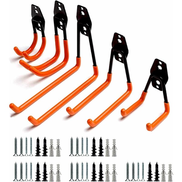 Garagekrog 5 stk cykelholder vægmonteret, garageopbevaring værktøjsholder til tunge genstande i flere størrelser, orange