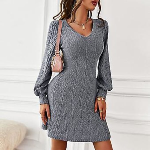 V-hals Strik Langærmet Kjole Moderigtig Elegant Klassisk Talje Slim Fit Dame Sweater Kjole til Efterår Vinter Mørkegrå S