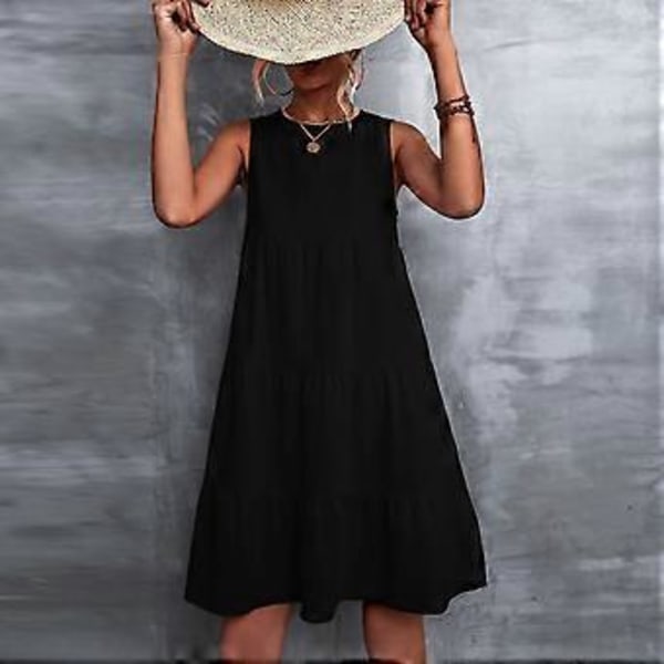 Plus Size Sort Ærmeløs Kjole - Åndbar Rund Hals Elegant Sommerbeklædning, XXL