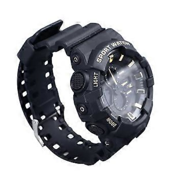 Analog Sportklocka för Män: Digital LED-bakgrundsbelysning med Kronograf, 12/24-timmarsformat, Mjukt Gummiband i Svart Guld