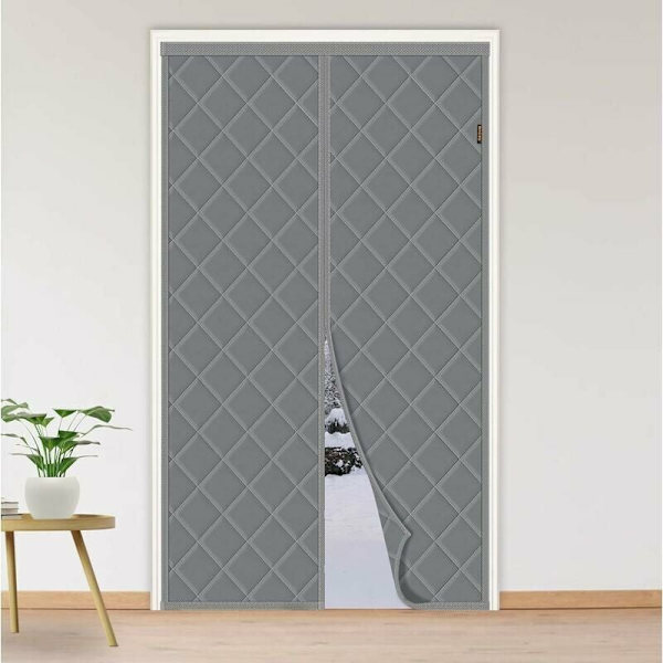 Termisk isolert dørgardin 90 x 210 cm, tykk vinterdørgardin, anti-kald lydisolerende, magnetisk bomull, grå