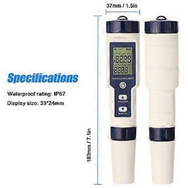 5-i-1 Digital Vattenkvalitetsdetektor Ph/ec/tds/salthalt/temperatur Testmätare Multifunktionell Vattenkvalitetstestare Monitor