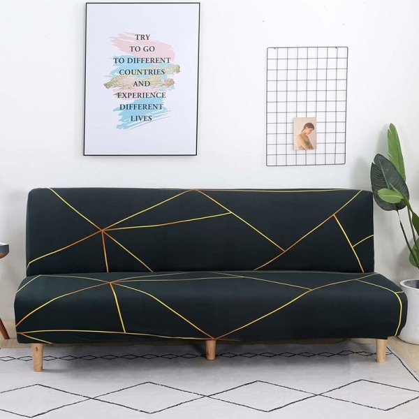 Armless Futon Sovesofa Slipcover - sklisikkert, sammenleggbart, elastisk, armløst, beskyttende trekk for 2-seters armløs sofa (svart/gull) 155-185 HI