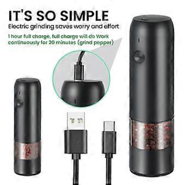 Elektrisk Automatisk Kvarn för Peppar och Salt USB-Laddning Krydda Salt Pepparkvarn Justerbar Grovhet Kvarn (Vit)