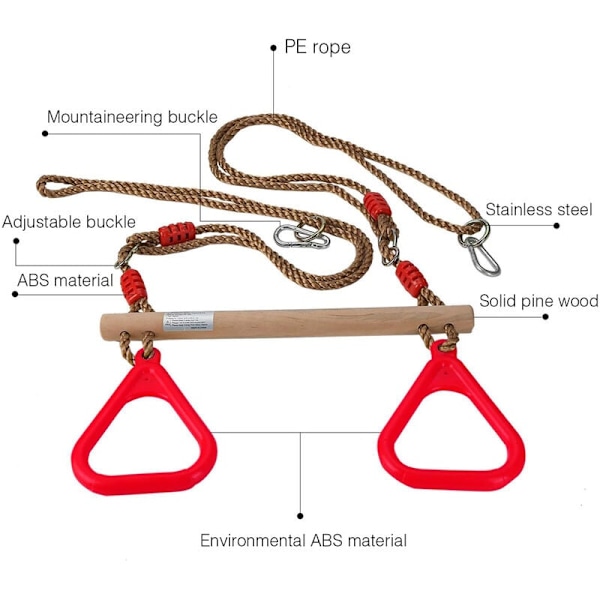 Gunga och gunga, trapetsgunga i trä med gymnastikringar lekplats för barn inomhus utomhus trädgård