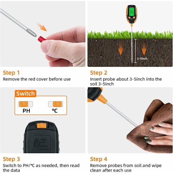 4 i 1 jordtester med PH/temperatur/fuktighet/ljus för trädgårdsskötsel, gräsmatta, jordbruk och utomhusväxter
