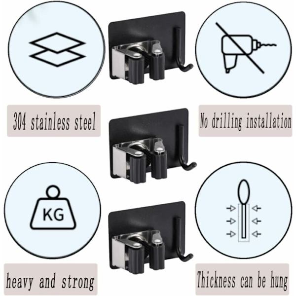 Kvastmopphållare Tidy Organizer 3 st Moppkvast hållare utan skruvtyp Kvast hållare Väggmonterad Heavy Duty Mopphållare Tidy Organizer Bru