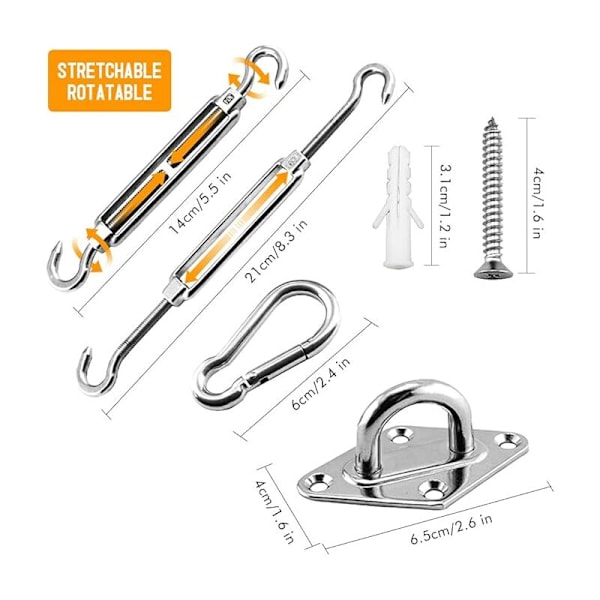 Solsejl fastgørelsessæt, rustfrit stål hardware tilbehør til firkantede, rektangulære og trekantede markiser (40 stk.)