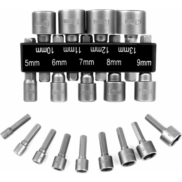 9 stk 5-13mm Skrutrekker Sokkel, Magnetisk Hex Sokkel Adapter, Skrutrekker Bit Adapter for Muttertrekker, Elektrisk Skrutrekker, Sokkelnøkkel
