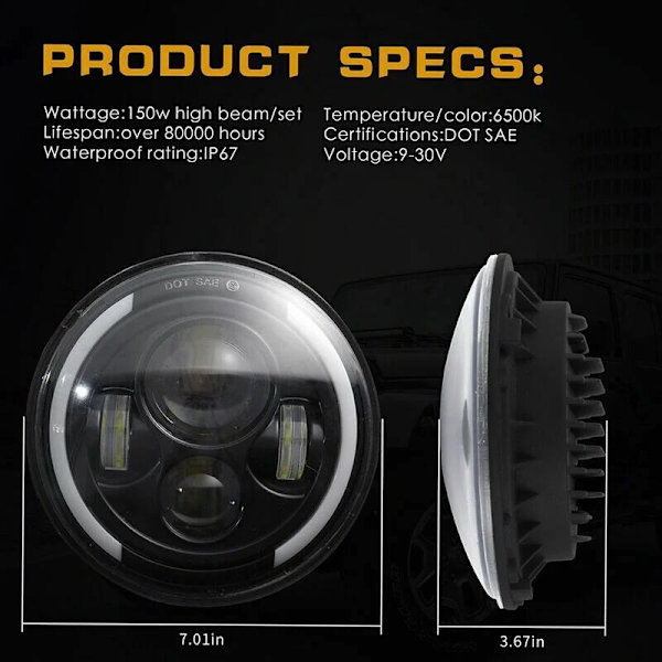 7\" 150W LED-frontlykt - Rund LED-frontlykt H4 H13 6500K Vanntett nærlys, 150W