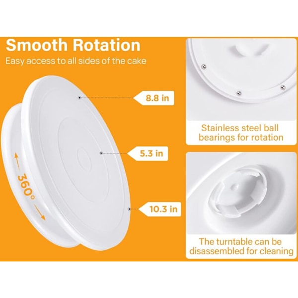 Roterende kakekarusell med 2 glasurskjeer og 3 glasurjevnere, roterende kakefat hvitt kakebaking dekorasjonssett forsyninger