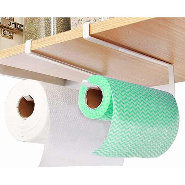 2 stk. Papirrullerholder under skabet Køkkenrulleholdere Hanger Håndklædeholder Hvid Opbevaringsholder til køkken Badeværelse Ingen boring