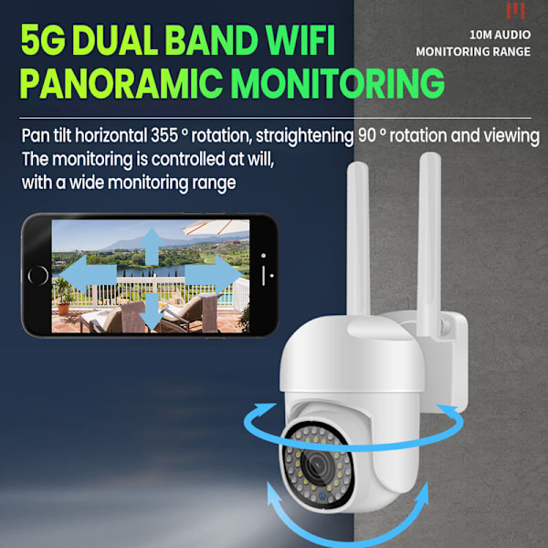 Udendørs overvågningskamera 2.4G + 5G WiFi 2MP dobbeltbånd PTZ farve 360 graders nattesyn vandtæt IP66 sikkerhedskuppelkamera