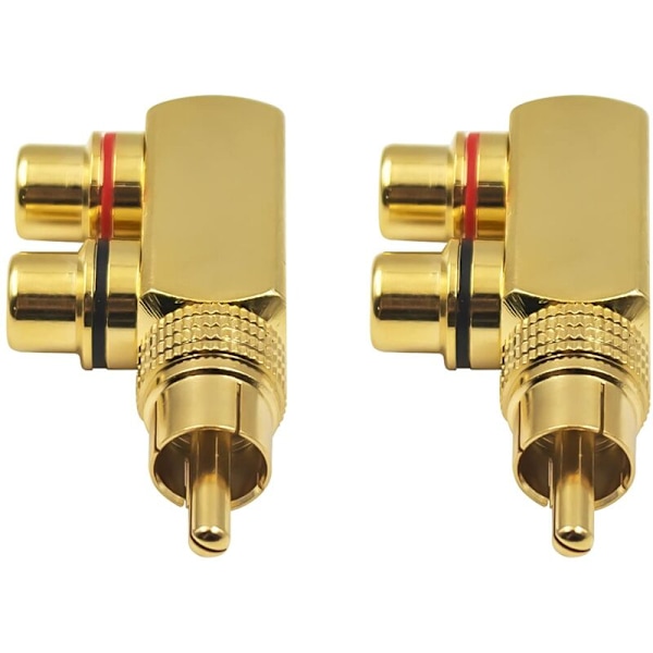 RCA Y-splitteradapter, 90 graders RCA hann til 2 RCA hunnkontakt for lyd og bilde, gullkontakt (2-pakning)