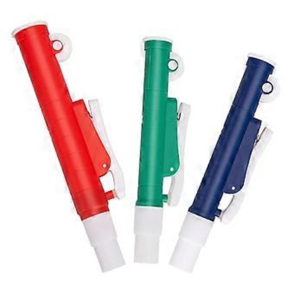 Pipettepumper, 3 stk. laboratoriehåndholdte pumper: 2 ml blå, 10 ml grøn, 25 ml rød, passer til glas- eller plastikpipetter