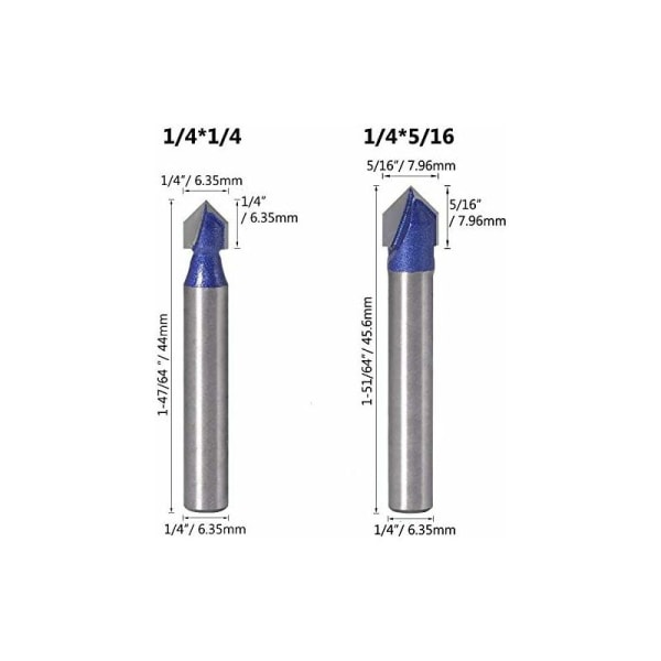 4 stk 6,35 mm skaft 90～V-spor fresestål for trebearbeiding fresing 6,35 mm, 7,94 mm, 9,52 mm, 12,7 mm sporfres V-formede fresestål for trebearbeiding verktøy B