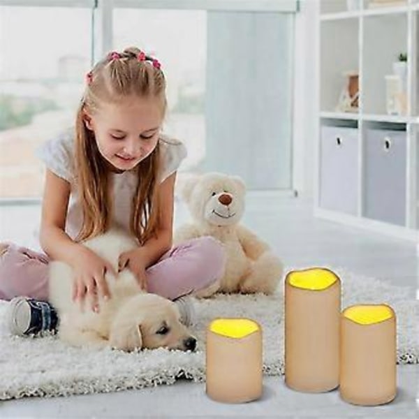Flamlösa Ljus 4IN 5IN 6NI Set med 3 Utomhus Inomhus Pelare 3IN Diameter Batteridrivna Flimrande Ljus Fjärrkontroll