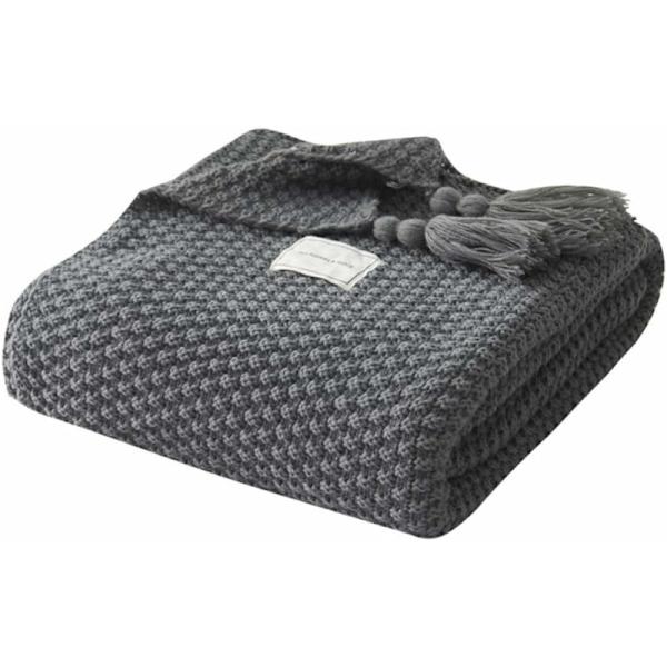 Strikket tæppe, nordisk håndlavet strikket modetæppe til bløde tæpper til sofa Bedsure tæppe sengetæppe, grå-110X240CM