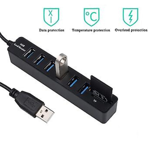 USB Hub 6 Port USB 2.0 Data Hub Splitter USB Förlängning Lagring Minneskortläsare för PC Laptops