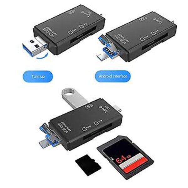 6-i-1 USB 3.0 OTG Kortleser For Secure Digital/TF Kortlesere Splitter Adapter For Mobiltelefon Datamaskin - Svart