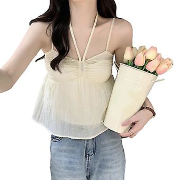 Stropptopp Rynket Løs Kant Knyte Halter Neck Ren Farge Dobbelt Lag Dame Ermeløs Bluse for Sommer Aprikos One Size
