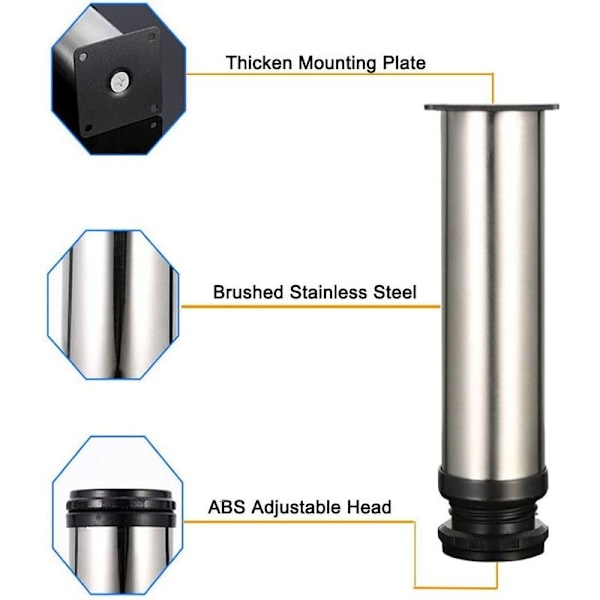 4 Justerbare Ben 200mm Højde Fortykkede Skabsben Bordben Møbelben, Børstet Rustfrit Stål, Justerbar Højde 0-15mm Leveres Med Rustfrit