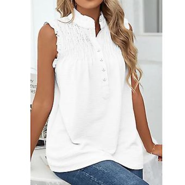 Dame Sommer Tank Top Casual Ermeløs Polyester Skjorter Maskinvaskbar Knappehals Vest Hvit XXL
