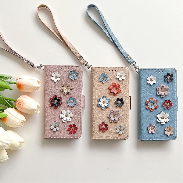 Flip Wallet Case kompatibel med Iphone 14 Plus, kortspor 3d Flower Leather Magnetic Cover Khaki