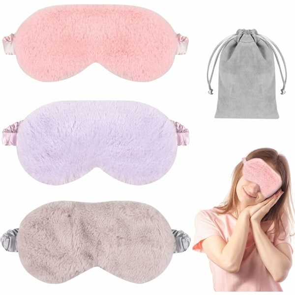 Blackout sovemasker - Pakke med 3, bløde og fluffy, med rejsetaske, til kvinder og børn (Pink/Lilla/Grå)