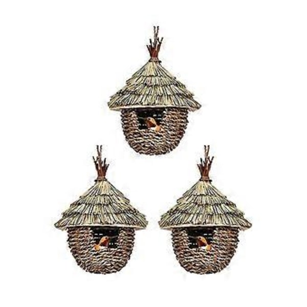 Fuglehus, 3 stk. håndvevde hengende kolibrihus for hekking, naturlig gressfuglrede for hage