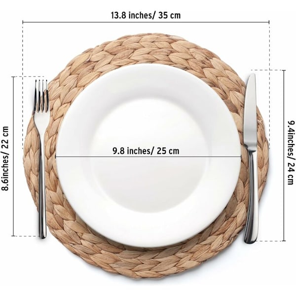 6 kappaletta pyöreitä punottuja olkipöytäalustoja ruokapöytään, 35 cm pyöreä hyasinttialunen
