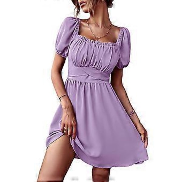 Tyylikäs violetti rypytetty mekko - muodikas solmittava selkä, puffihihat, A-linjainen, neliöpääntie, lyhyt kesämuoti, XL