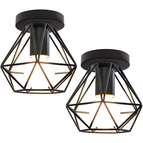 2 stk. Retro loftslampe i metal, geometrisk bur, loftslampe til indendørs brug, sort hængelampe