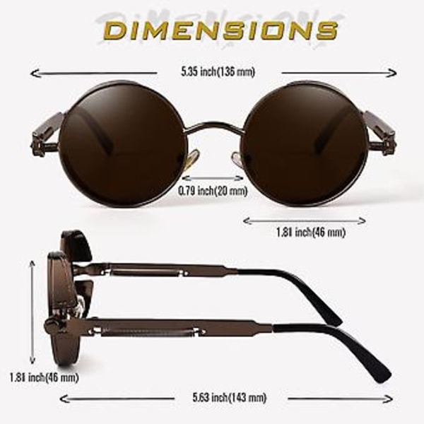 Retro Runde Cirkel Polariserede Steampunk Solbriller Herre Dame UV400 Beskyttelse