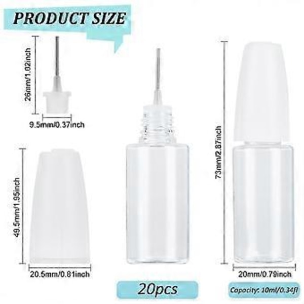 20 stk. præcisionsspids applikatorflasker, 10 ml/0,34 oz doseringsnålflaske PET tom limflaske med stålnål