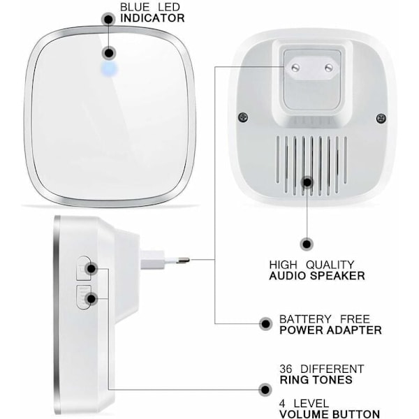 Vanntett trådløs elektrisk ringeklokkedørklokke med 300 meters rekkevidde, ringeklokkesett med LED-blits og 36 ringetoner 4 volumnivåer - En sender og O
