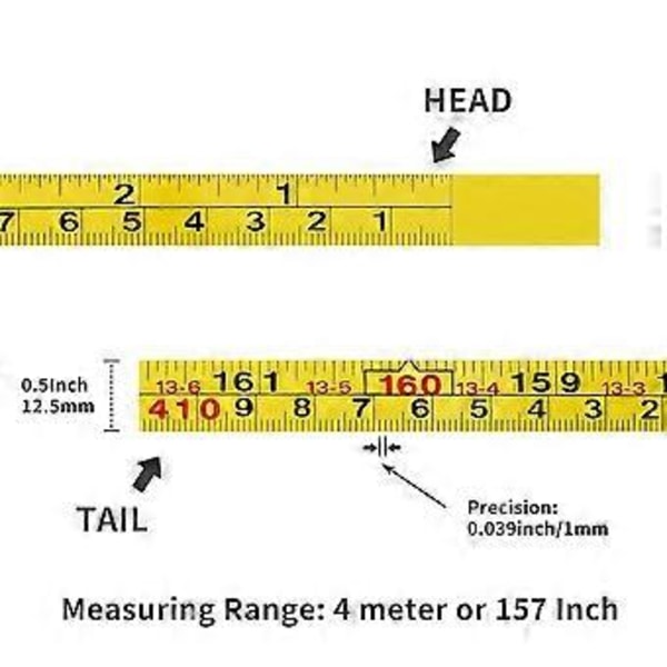 2 pakker stål selvklæbende målebånd, højre til venstre læsning 310 cm eller 122-tommer imperial og metrisk lineal tape