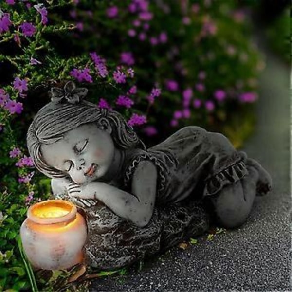 Barn med solcellelamper Havedekoration Udendørs Statue Resin Krukke Dreng Blomsterbed Gårdhave Skulptur Dekor