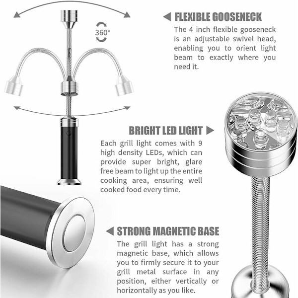 Grillsett med 2 LED-grilllys med magnetfot, 360 graders rotasjon, fleksibel justerbar for grilling, camping, fest, utendørs