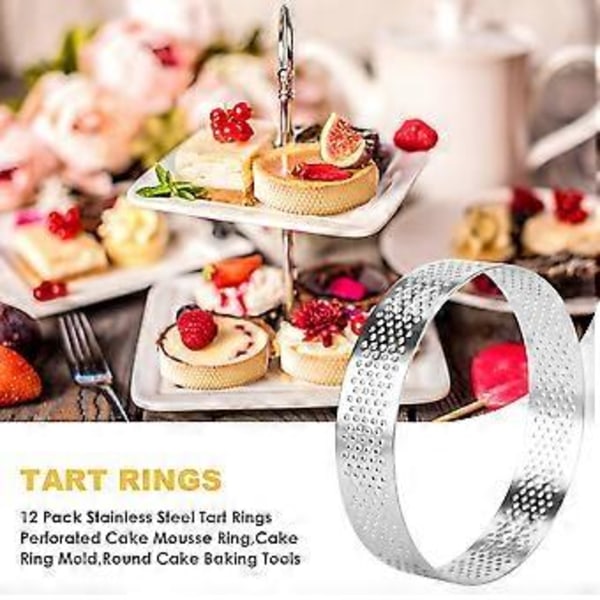 12-pak Rustfri Stål Tærteringe, Perforeret Kage Mousse Ring, Kage Ringform, Rund Kage 6cm