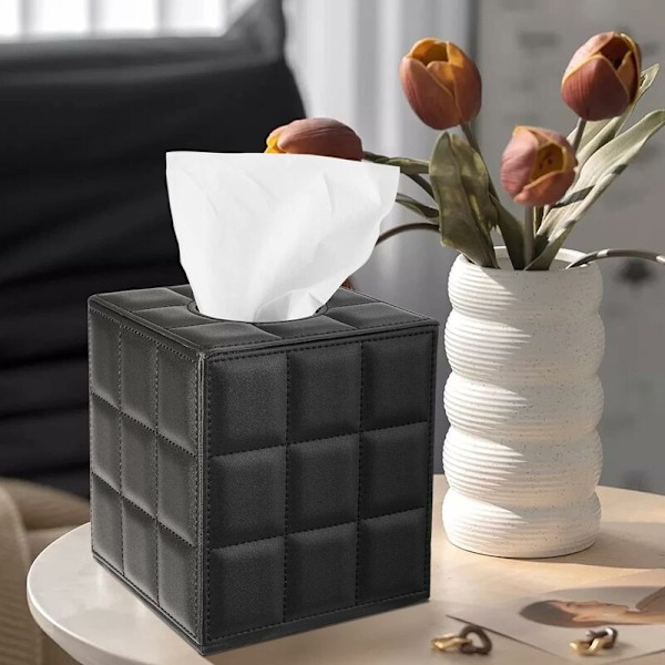 Kvadratisk läder servettbehållare - Elegant enfärgad servettbehållare med magnetisk bas och PU-läder exteriör för byrå, bil - Svart