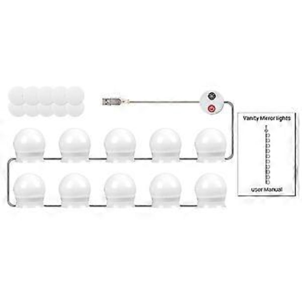 LED Sminkelys for Speil USB Sminkelys med 10 Dimbar Pærer Justerbar 3 Farger Sminkespeil Lyspære