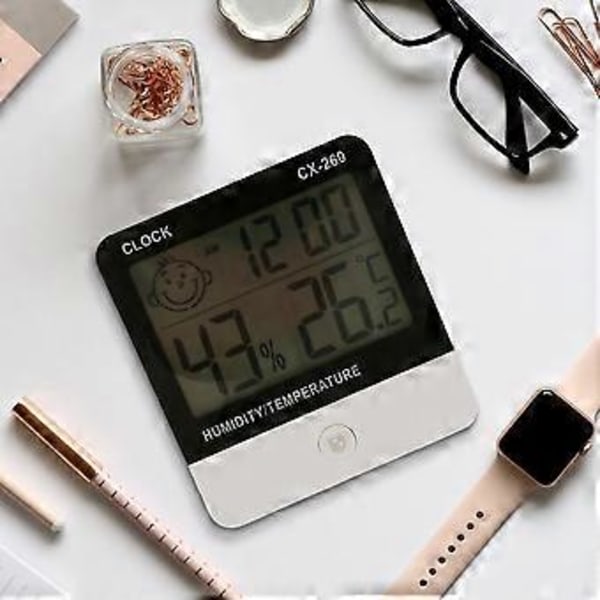 -260 Digitalt Temperatur Hygrometer Fugtighedsur Stort LCD Elektronisk Termometer Fugtighedsmåler