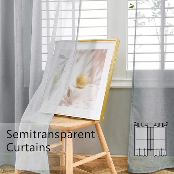 Grå transparent gardin 140x160cm linneeffekt - transparent voile sovrumsgardiner med öljetter halvtransparent för inredning vardagsrum modernt kök gardin