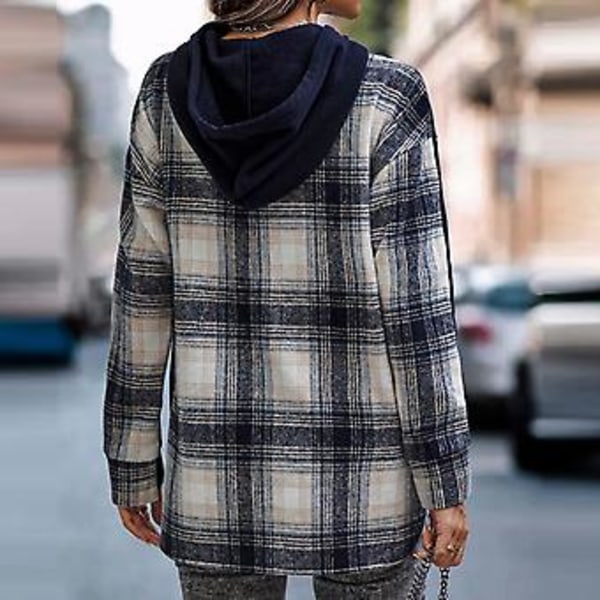 Dam Patchwork Hoodie Polyesterfiber Långärmad Öppen Fåll Pullover Pläd Patchwork Hooded Sweatshirts för Dagligt Arbete Marinblå M