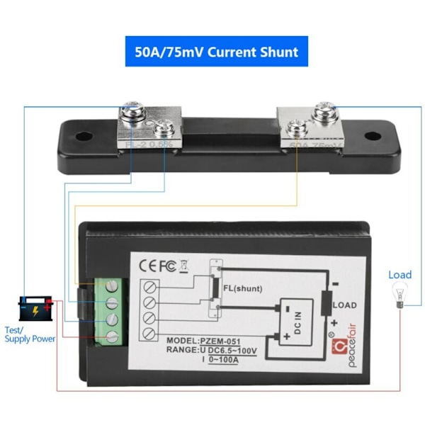 Voltmeter Amperemeter Digitalt Panel Shunt 100A DC 6.5-100V, Strømmåler Tester Elektrisk Effekt Energimåler Volt Amp Watt Måler LCD Display Solar
