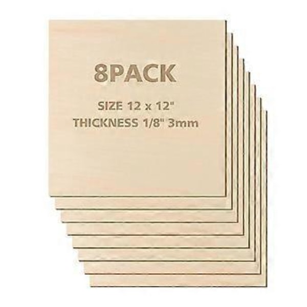 12 x 12 tommer - 3 mm basswood-plater kryssfinerplater, 8 stk. firkantet ubehandlet treplate for DIY-håndverk, laserskjæring