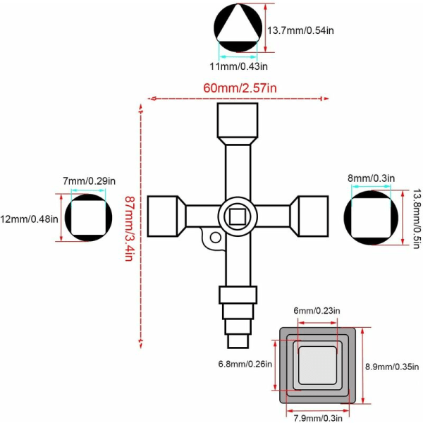 Universal Cross Key, Practical 4-Way Multifunctional Key, Silver Control Cabinet Key, Used for Water and Electricity Meters, Gas Meters