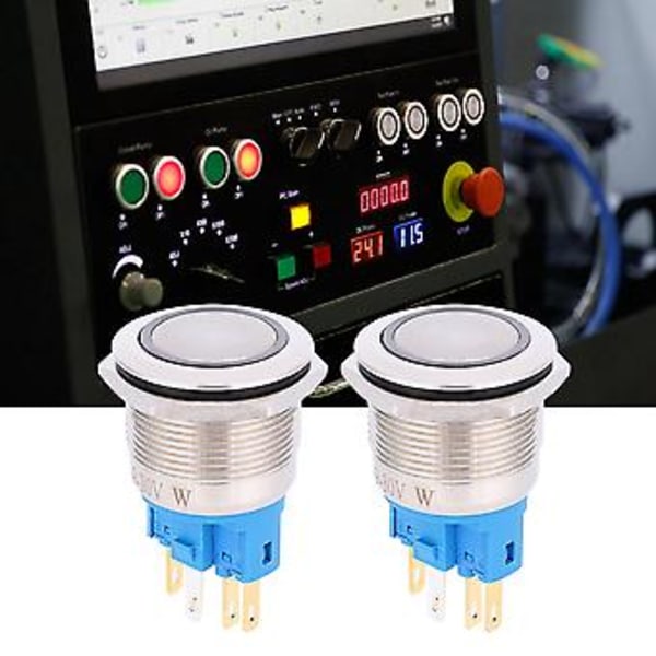 2st AC220V 22mm Ring Självlåsande 6-Pin Tryckknapp Rostfritt Stål Knapp Vit